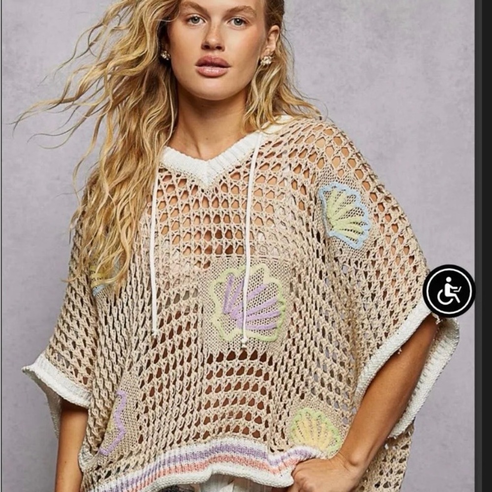POL Beige Crochet Open-Knit Pullover with Pastel Shell Accents